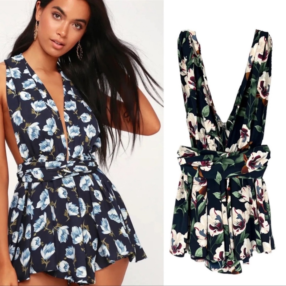 Lulus Convertible Halter Romper Navy Blush Floral Tropical Beach